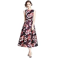 Spring Summer Fall Vintage Floral Print Crew Boat Neck Sleeveless Women Ladies Casual Party Midi Long Maxi Vest Dresses