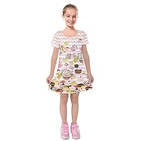 PattyCandy Girls Short Sleeve Velvet Dress Adorable Kitty Cat and Dogs Pattern Twirly Casual Dress for 2-13 Years