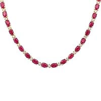 30.65 Carat Natural Red Ruby and Diamond (F-G Color, VS1-VS2 Clarity) 14K Yellow Gold Luxury Tennis Necklace for Women Exclusively Handcrafted in USA