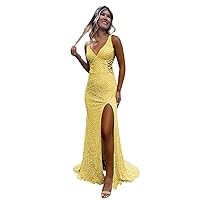 Hollow-Out Beaded Sequin Prom Dresses 2024 Long Sparkly Mermaid V Neck Backless Formal Evening Party Gown with Slit