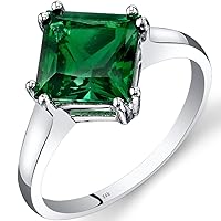 PEORA Created Emerald Classic Solitaire Ring for Women in 14K White Gold, 2 Carats Princess Cut 8mm, Comfort Fit, Sizes 5 to 9
