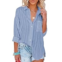 Astylish Women Long Sleeve Shirts Striped Top Solid Color Button Down Blouse with Pockets Blue Medium