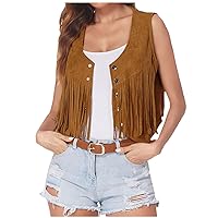 Womens Vintage Western Fringe Vest Tops Classic 70s Cowboy Solid Mini Shirt Sleeveless Tassels Short Cardigan Jackets