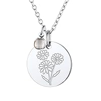 FindChic Birth Flower Disc Necklaces for Women with Birthstone Stainless Steel/Gold Plated/Sterling Silver Jan. to Dec. Guardian Month Floral Pendant Custom Engraved Dainty Jewelry +Gift Box