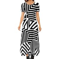 Womens Short-Sleeve Round Neck Maxi Dress Black White Stripes