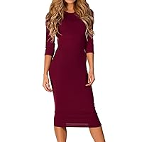 ICONOFLASH Women's 3/4 Sleeves Midi Bodycon Dress Crew Neck Fitted Dresses with Plus Size Options