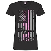 Ladies V-Neck: American Nurse Vintage USA Flag T-Shirt Black Small