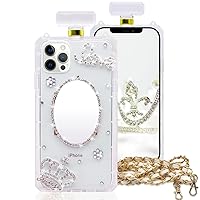Compatible with iPhone 12 Pro Max Perfume Bottle Case Luxury Bling Makeup Mirror for Women Girls, Elegant Diamond Crystal Rhinestone Crown Love Gem Flower with Crossbody Strap Case Clear