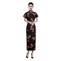 Women Cheongsam Silk Fragrant Cloud Yarn Peony Print Mock Collar Short Sleeve Black Dinner Long Dress 3637