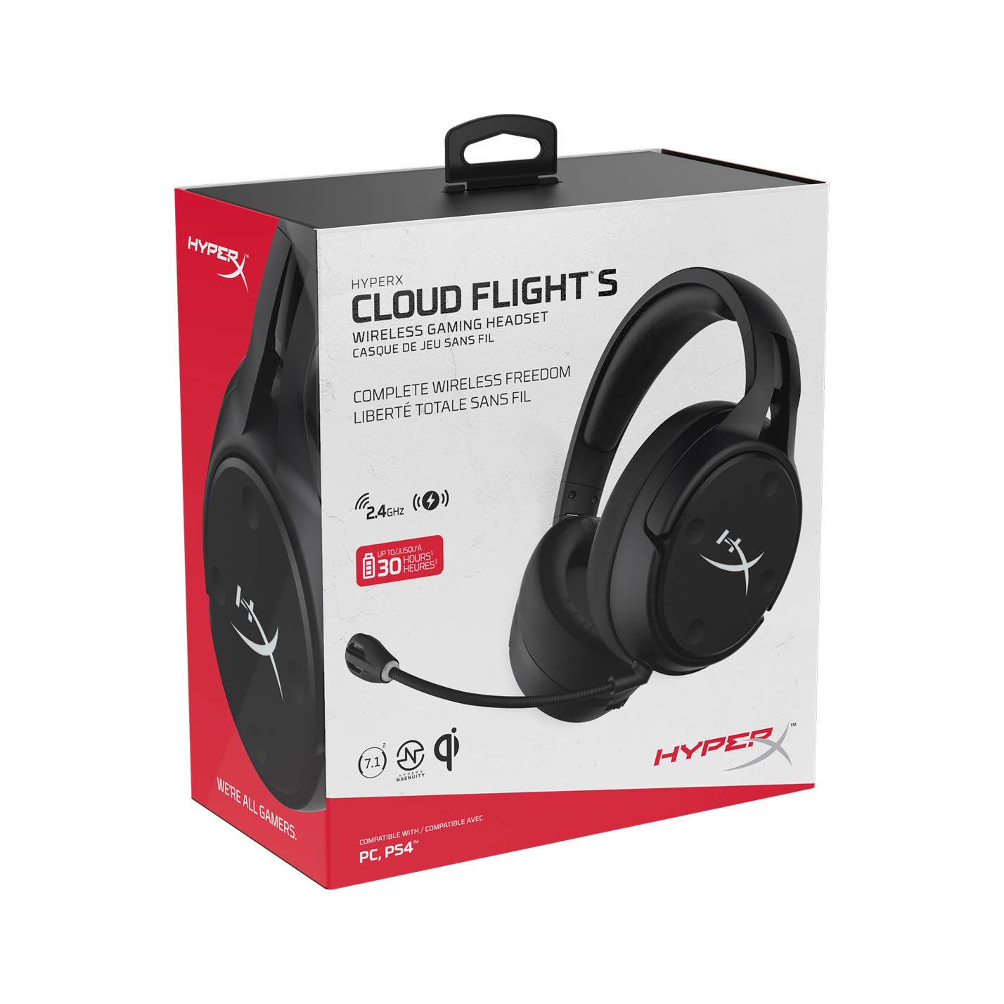 HyperX Cloud Flight S - Wireless Gaming Headset, 7.1 Surround Sound, 30 Hour Battery Life, Qi Wireless Charging, Detachable Microphone with LED Mute Indicator, Compatible with PC & PS4