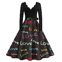 50s Dresses for Women Valentine's Day Printed Vintage Dress V-Neck Long Sleeve Tie Waist Love Heart A-Line Swing Dress