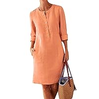 TIAFORD Linen Midi Dress for Women with Pockets 3/4 Sleeve Cotton Shift Dress Knee Length Women's Long Dresses Causal Summer