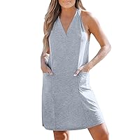 Women's Shirts Casual Summer, Sleeveless Dress Loose V Neck Tank Top with Pockets, S XXL