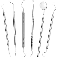 Dental Tools, 6 Pack Teeth Cleaning Tools Stainless Steel Dental Scraper Tooth Pick Hygiene Set with Mouth Mirror, Tweezer Kit for Dentist, Family Oral Care, Dogs - with Leather Case, 7 Piece Set