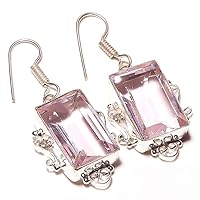 Outstanding! Pink Topaz Quartz HANDMADE Jewelry Sterling Silver Plated Earring 1.75