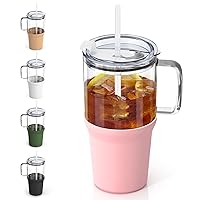 Sursip 32 oz Glass Tumbler with Handle, Glass Water Bottles with Lid and Straw, Reusable Iced Coffee Cup with Silicone Sleeve - Fits in Car Holder, BPA Free, Leak Proof, Dishwasher Safe (Pink)