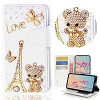 Bling Wallet Phone Case Compatible with iPhone 15 Pro Max Case - Stylish - 3D Handmade Eiffel Tower Bear Butterfly Magnetic Wallet Stand Girls Women Leather Cover - Gold