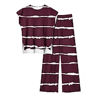Womens 2 Piece Sets Loungewear Summer Irregular Striped Outfits Cap Sleeve Hi-Lo Hem Tops & Wide Leg Pants Tracksuit
