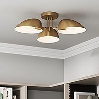 Nathan James Argo Semi Mount Flush Ceiling Light, 3-Lights Modern Retro Lighting with Black Rounded Shades for Hallway, Dining Room and Bedroom, Vintaged Brass