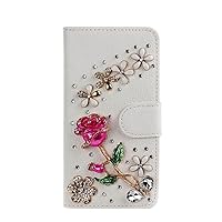 Crystal Wallet Phone Case Compatible with Samsung Galaxy S21 Plus 5G - Rose - Hot Pink - 3D Handmade Sparkly Glitter Bling Leather Cover with Screen Protector & Beaded Phone Lanyard