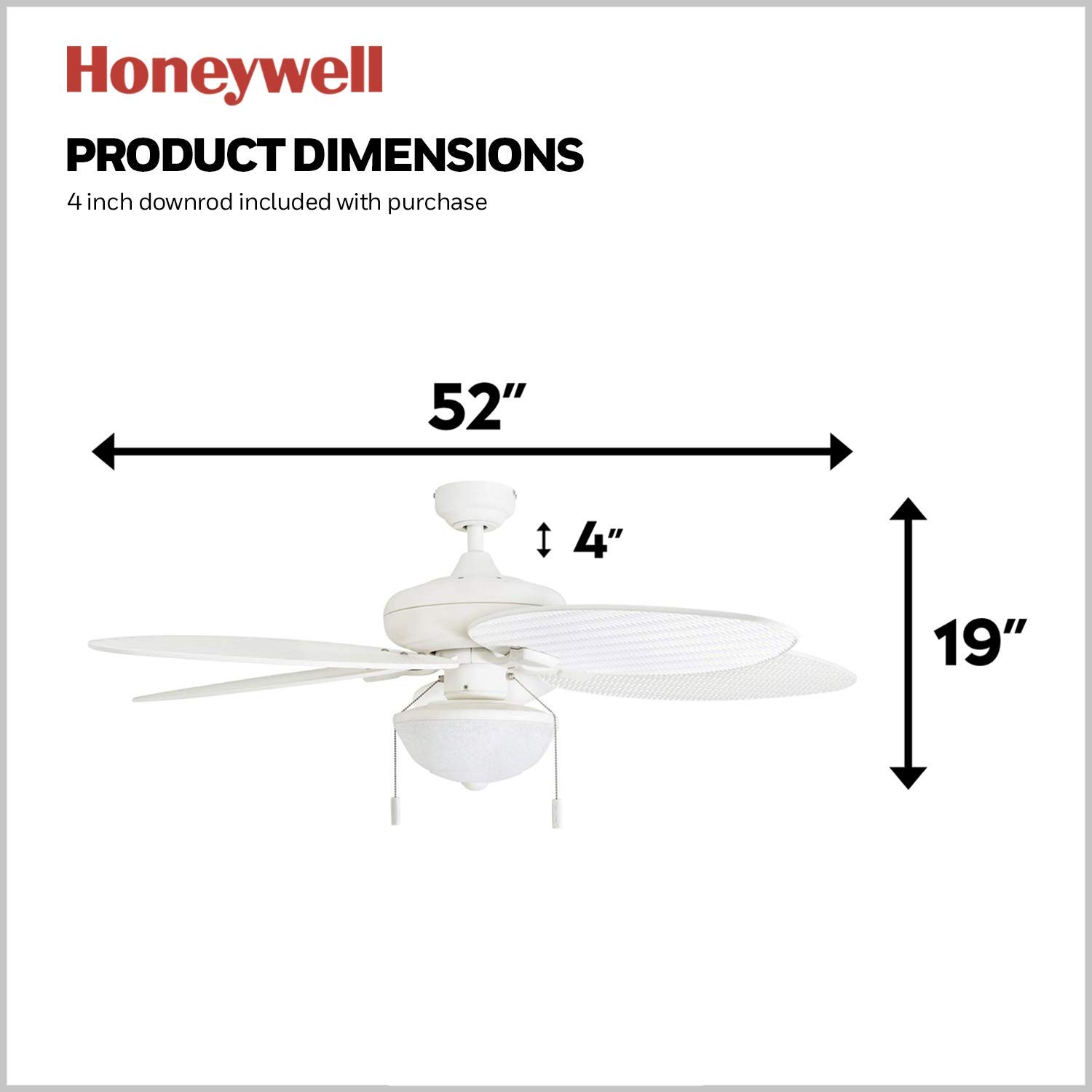 Honeywell Ceiling Fans Inland Breeze, 52 Inch Tropical Indoor Outdoor Ceiling Fan with Light, Pull Chain, Three Mount Options, Weather Resistant Blades - 50511-01 (White)
