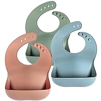 Eascrozn Silicone Baby Bibs for Babies & Toddlers Set of 3, BPA Free Unisex Soft Adjustable Fit Waterproof Feeding Bibs