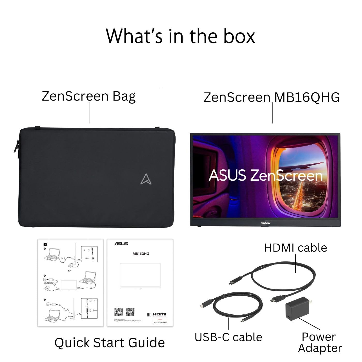 ASUS ZenScreen 16” 16:10 Portable Monitor (MB16QHG) - WQXGA (2560 x 1600), IPS, 120Hz, 100% DCI-P3, Eye Care, L-Shaped Kickstand, Tripod Mountable, USB-C, HDMI, DisplayHDR™ 400, 3-Year Warranty,Black