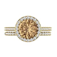 Clara Pucci 2.69ct Round Cut Halo Pave Solitaire with Accent Brown Champagne Zircon Statement Bridal Ring Band Set 14k Yellow Gold