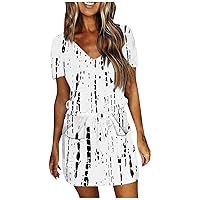 Women's Sundresses 2024 Summer Casual Stripe Print Drawstring V-Neck Short Sleeve Mini Beach Dress with Pockets S-2XL