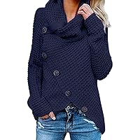 Turtleneck Sweater,Solid Cross Slit Front Button Pullover Irregular Long Sleeve Knit Tops Autumn Winter Warm Knitwear