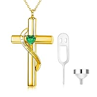 SOULMEET Personalize Solid 10k 14k 18k Real Gold Birthstone Cross Locket for Ashes, Simulated Gemstone Cross Urn Necklaces with Gold Chain Keepsake Cremation Jewelry