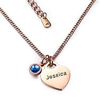 Personalized Name Necklace with Birthstone Round/Heart Pendant for Women Daughter Mom, Rose Gold Necklace Jewelry Engraved for Best Friend Girls Sister 30th Birthday Friendship Gift