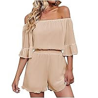 Ladies Sexy Casual Chiffon Jumpsuit, Off Shoulder Rompers for Women Dressy Solid Elastic Waist Jumpsuits Outfits