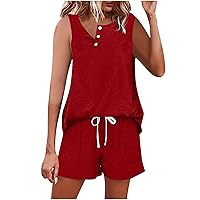Womens 2 Piece Set Lounge Tracksuit Sets Solid Button Down Crew Neck Shirt Tops with Drawstring Short Pants Outfits