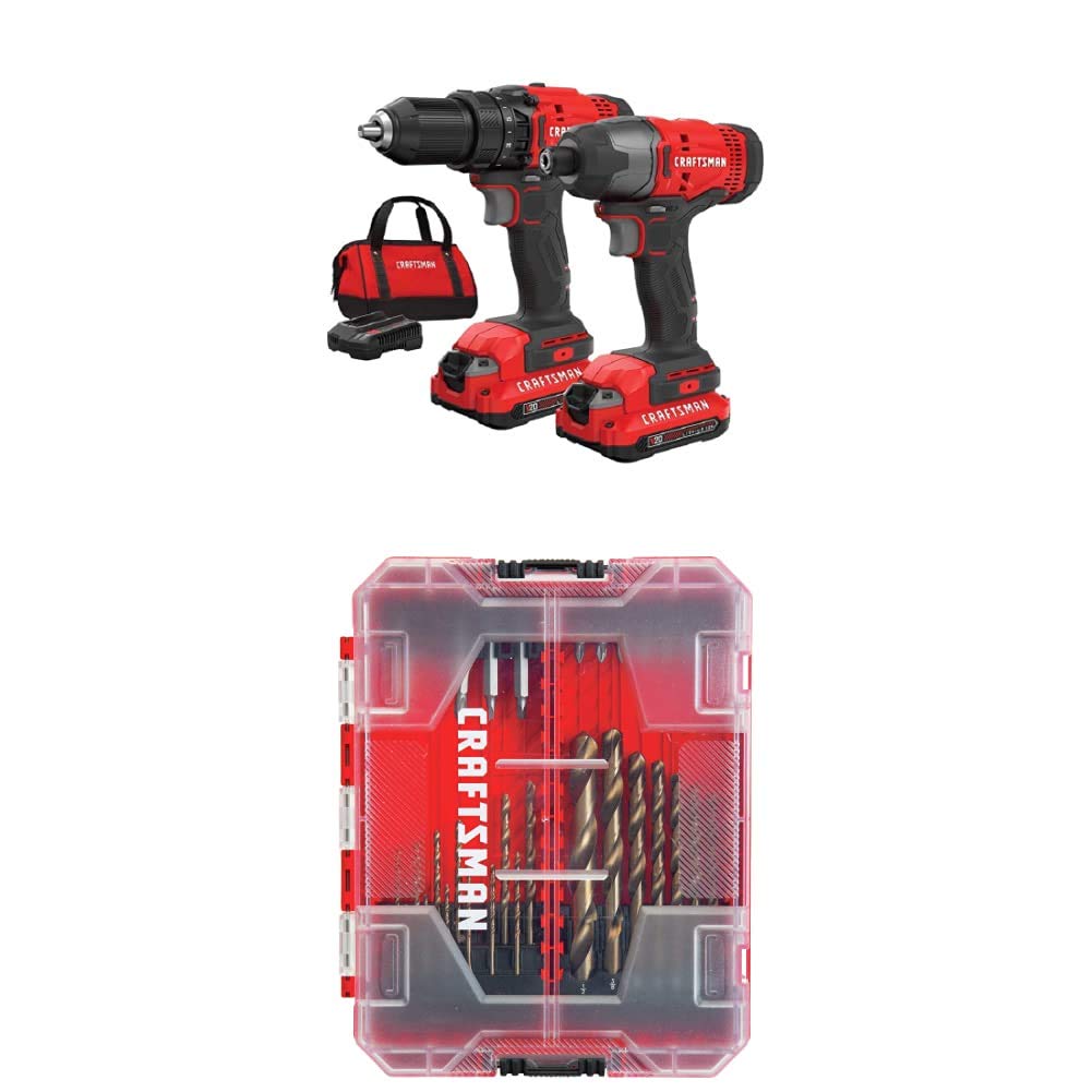 CRAFTSMAN V20 Cordless Drill Combo Kit, 2 Tool with Drill Bit Set, 85 Pieces (CMCK200C2 & CMAF1285)
