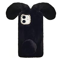 Bonitec Compatible with iPhone 13 Mini Fur Case for Girls, Luxury Cute Warm Handmade Rabbit Bunny Furry Fuzzy Fluffy Soft 3D Ear Rabbit Fur Hair Plush Ball Protective Case Cover for Women Black