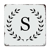 Monogram Initial Letter S Metal Wall Decor Sign Black Wreath Alphabet Aluminum Art Signs Custom Last Name Retro Metal Wall Hanging Sign for Kid Room Living Room 10x10in