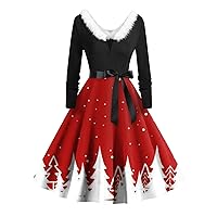 Women's Christmas Dress Vintage Classic Dress Long Sleeve Print V-Neck Swing Dress, S-2XL