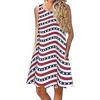 Independent Day Dresses Women's Midi Tank Dress American Flag Print Crewneck Sleeveless Loose A-line Skirts Sundress