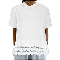 Peter Pan Collar Babydoll Shirts Women Cotton Linen Short Sleeve Cute Tops Summer Hollow Patchwork Hem Loose Blouse
