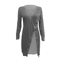 Womens Zipper V Neck Knit Ribber Mini Dress Long Sleeve Ring Trim Side Split Casual Fashion Asymmetrical Dresses