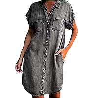 Women Cuffed Short Sleeve Button Down Lapel Jean T-Shirt Dress Summer Casual Loose Fit Pockets Knee Denim Dresses