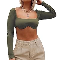Women Sexy Retro Square Neck Crop Top Bustier Long Sleeve Low Cut Cropped T Shirt Streetwear