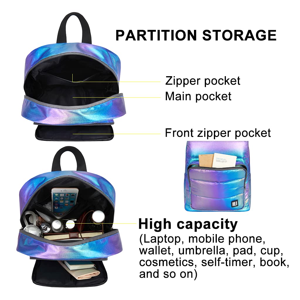  GBLQ PLUS Backpack Purse for Women, Holographic Quilted Puffy  Bag, Metallic Backpack, Iridescent Bookbag (Lavender Fog)