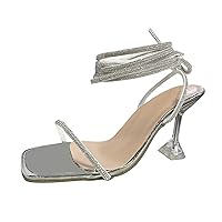 Sandals Women Dressy Summer Ladies Fashion Solid Color Rhinestone Crisscross Strap Square Open Toe High Heeled Sandals