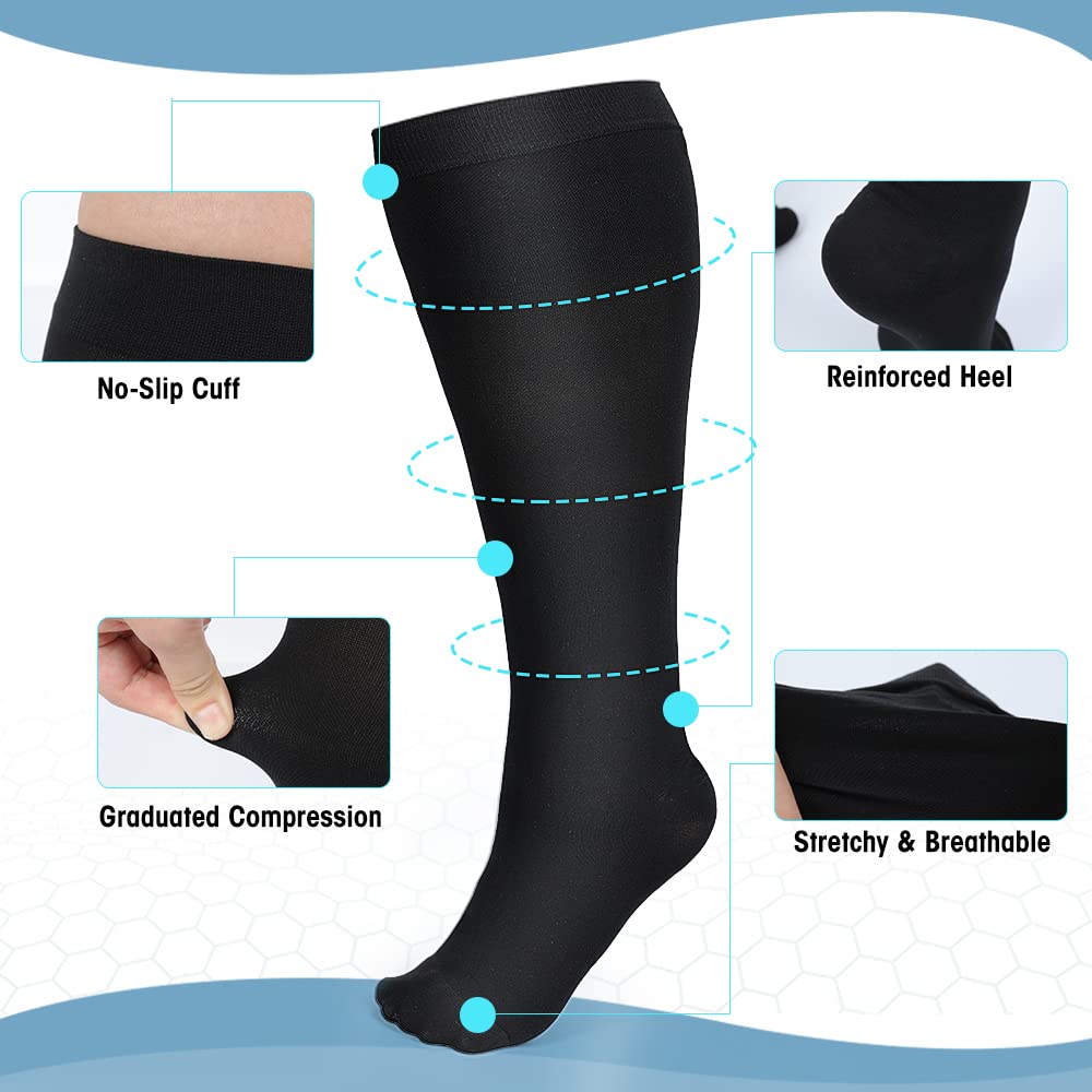 AKSO MEDICOS Plus Size Compression Socks 20-30 mmhg Extra Wide Wide Calf Knee High Stockings for Improve Circulation Varicose Veins Swelling Edema Small
