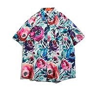 Collar Flower Shirt Short Sleeved Korean Design Single Breasted Loose for Men and