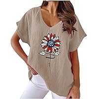 Women's Sunflower T Shirt Cute Patriotic Graphic Tees Cotton Linen Summer Casual Short Sleeve Shirt Holiday Beach Tops