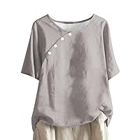 Cotton Linen Tops for Women Casual Summer Plus Size Short Sleeve Shirts Plain Solid Crewneck Tshirts Soft Cmofy Blouse