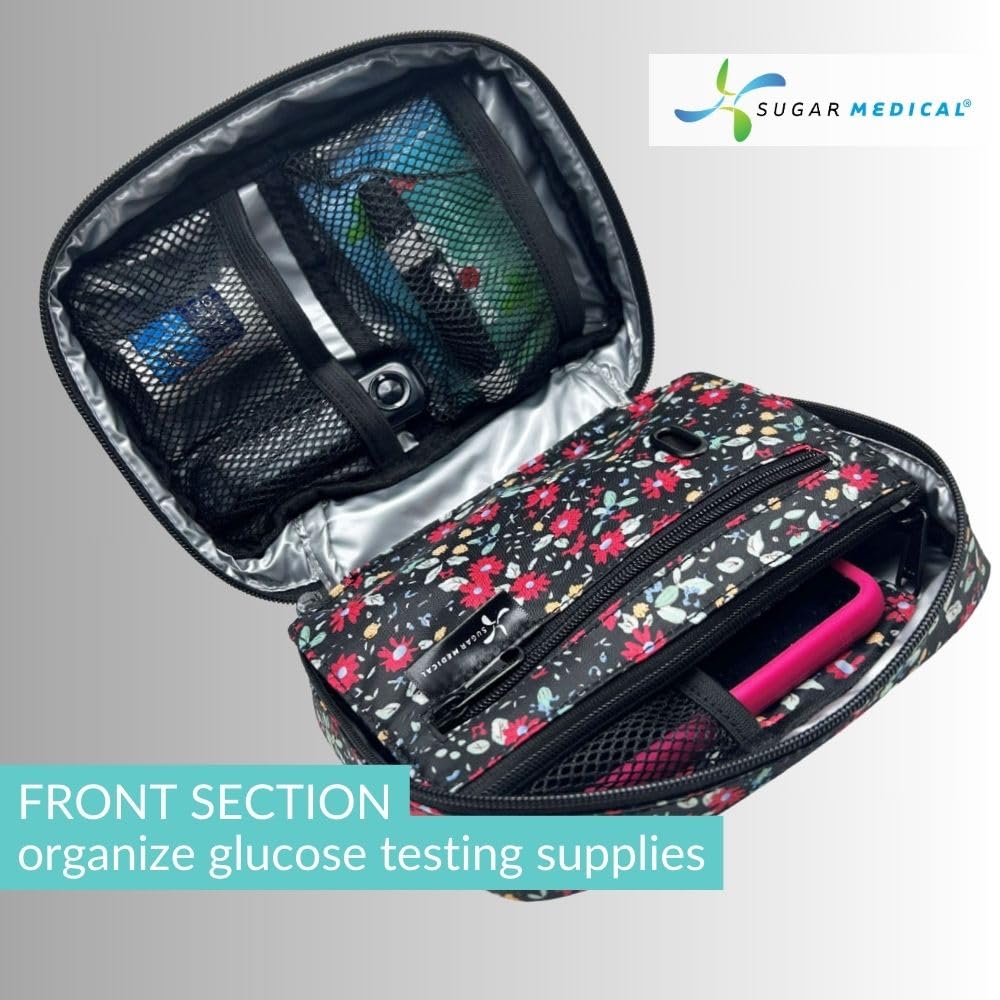 Sugar Medical Insulated Diabetes Organizer | Diabetes Supply Case | Diabetic Care Products | Diabetic Supplies Travel Case | Insulin Pen Case | Glucose Meter Case | Diabetic Bag for Supplies (Flora)